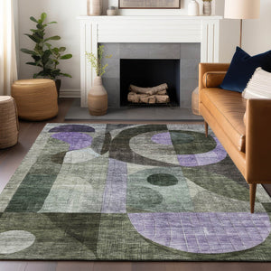 Homeroots 3' Artichoke Green Gray Charcoal Geometric Washable Area Rug For Indoor And Outdoor Spaces 5' X 8' Polyester 604415