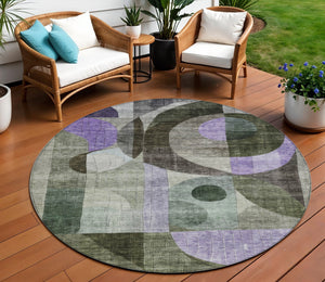 Homeroots 3' Artichoke Green Gray Charcoal Geometric Washable Area Rug For Indoor And Outdoor Spaces 8' Round Polyester 604416