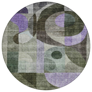 HomeRoots 5' Modern Geometric Washable Indoor Outdoor Area Rug in Olive Green, Purple, and Gray Design 8' Round 604416
