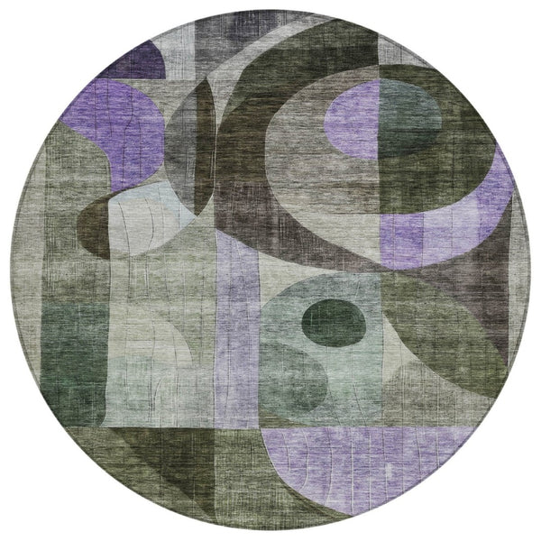 HomeRoots 5' Modern Geometric Washable Indoor Outdoor Area Rug in Olive Green, Purple, and Gray Design 8' Round 604416