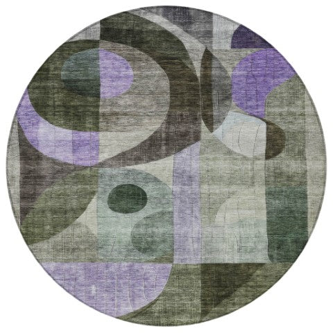 Homeroots 3' Artichoke Green Gray Charcoal Geometric Washable Area Rug For Indoor And Outdoor Spaces 8' Round Polyester 604416