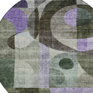 Homeroots 3' Artichoke Green Gray Charcoal Geometric Washable Area Rug For Indoor And Outdoor Spaces 8' Round Polyester 604416