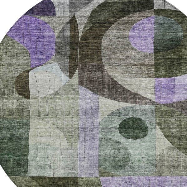 Homeroots 3' Artichoke Green Gray Charcoal Geometric Washable Area Rug For Indoor And Outdoor Spaces 8' Round Polyester 604416