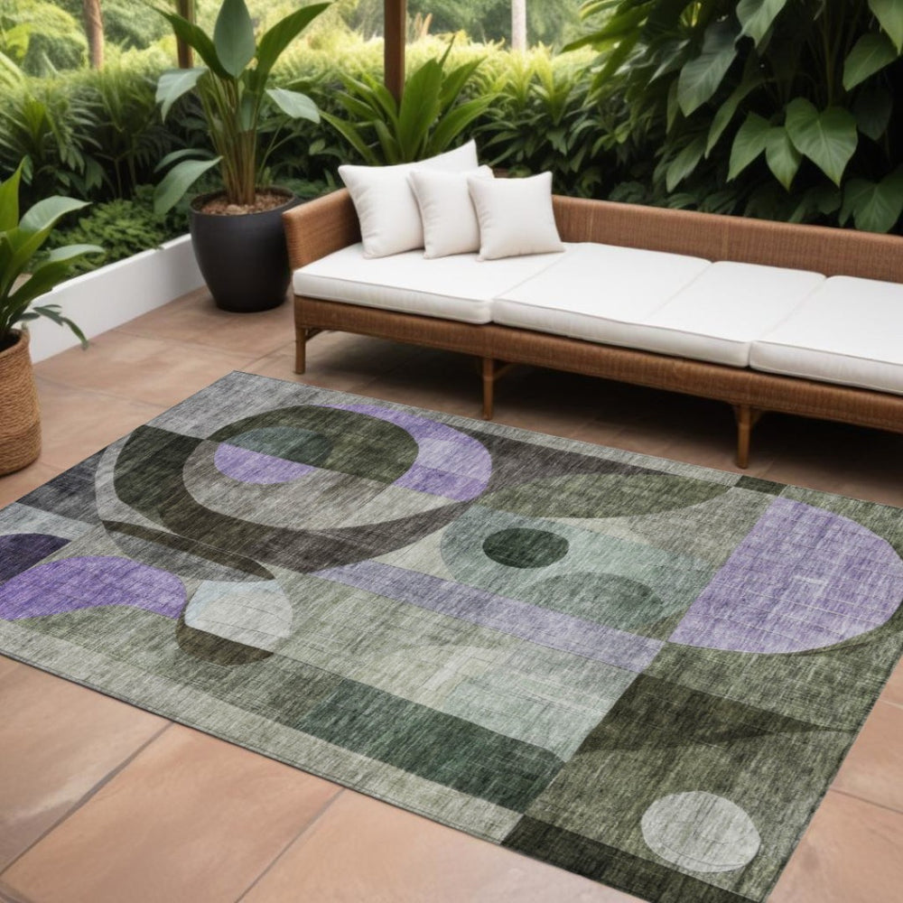 HomeRoots 9' Geometric Washable Area Rug in Olive Green, Purple & Gray - Ideal for Indoor & Outdoor Use! 604418