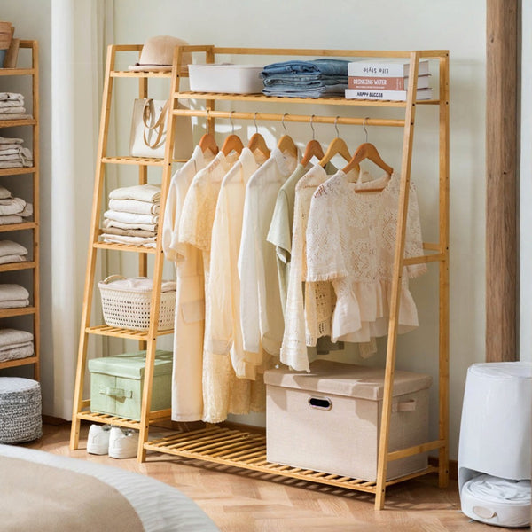 English Elm Bamboo Garment Rack Freestanding Closet Organizer with Shoe Shelf for Entryway W3101P417700
