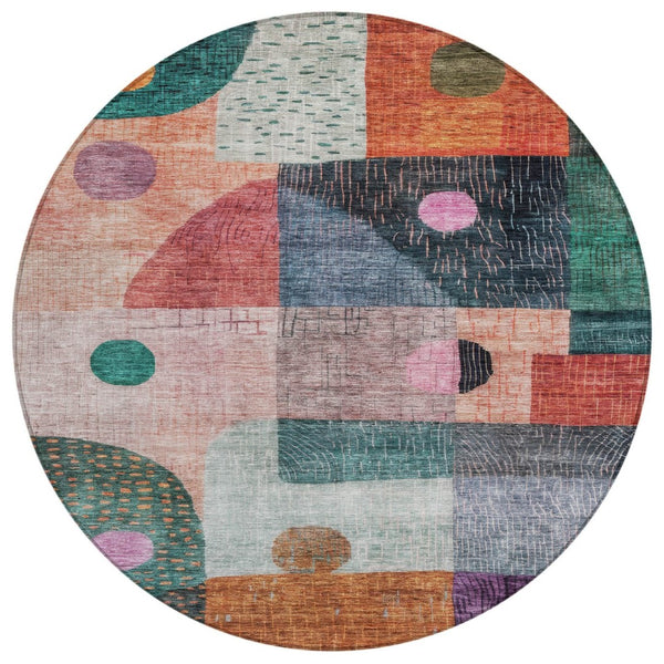 HomeRoots 5' Vibrant Geometric Washable Area Rug for Indoor and Outdoor Use - Durable, Stylish, and Easy Clean 8' Round 604422