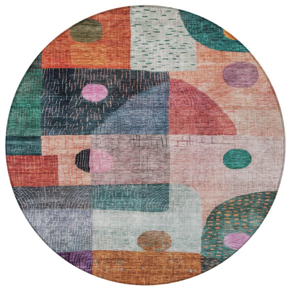 Homeroots 3' Artichoke Green Gray Charcoal Geometric Washable Area Rug For Indoor And Outdoor Spaces 8' Round Polyester 604422