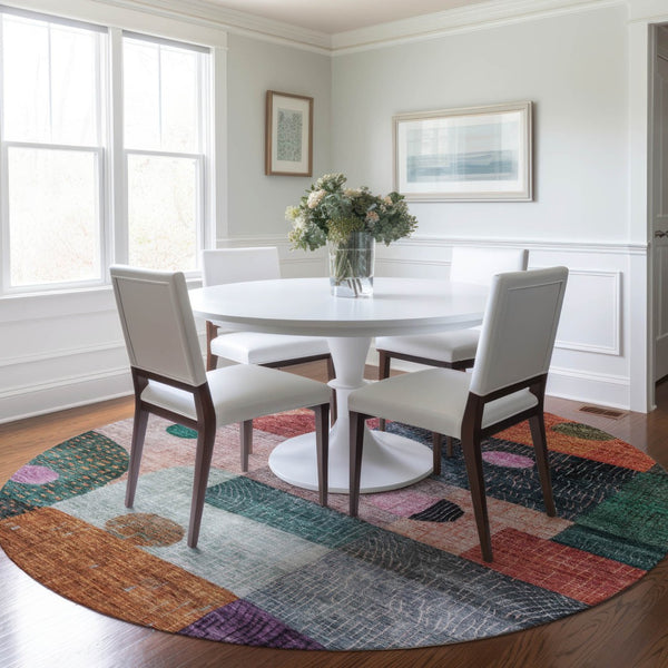 Homeroots 3' Artichoke Green Gray Charcoal Geometric Washable Area Rug For Indoor And Outdoor Spaces 8' Round Polyester 604422