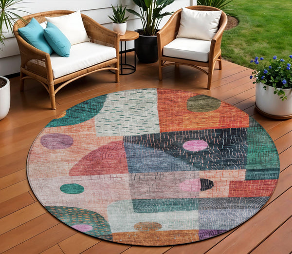 Homeroots 3' Artichoke Green Gray Charcoal Geometric Washable Area Rug For Indoor And Outdoor Spaces 8' Round Polyester 604422