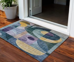 Homeroots 3' Stylish Blue Purple And Copper Abstract Washable Indoor-outdoor Area Rug For All Spaces 3' X 5' Polyester 604426