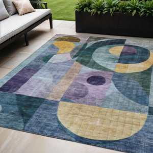 Homeroots 3' Stylish Blue Purple And Copper Abstract Washable Indoor-outdoor Area Rug For All Spaces 5' X 8' Polyester 604427