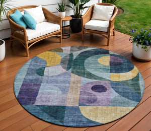Homeroots 3' Stylish Blue Purple And Copper Abstract Washable Indoor-outdoor Area Rug For All Spaces 8' Round Polyester 604428