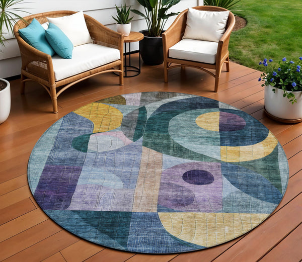 Homeroots 3' Stylish Blue Purple And Copper Abstract Washable Indoor-outdoor Area Rug For All Spaces 8' Round Polyester 604428