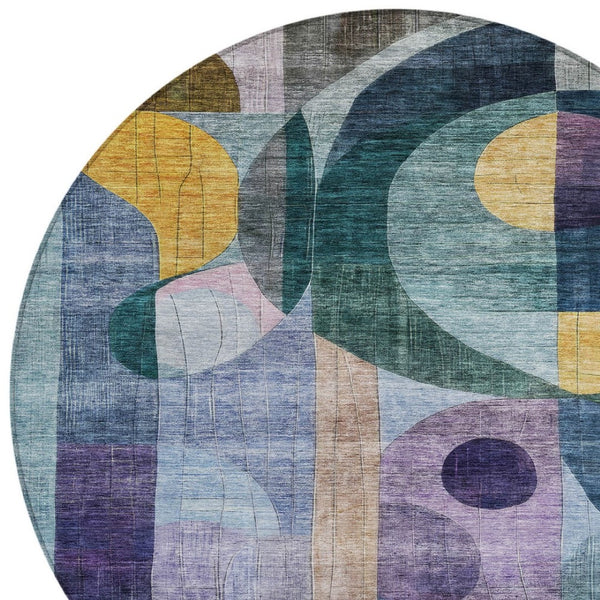 Homeroots 3' Stylish Blue Purple And Copper Abstract Washable Indoor-outdoor Area Rug For All Spaces 8' Round Polyester 604428