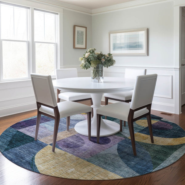 Homeroots 3' Stylish Blue Purple And Copper Abstract Washable Indoor-outdoor Area Rug For All Spaces 8' Round Polyester 604428