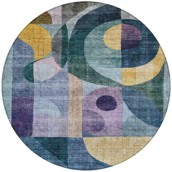Homeroots 3' Stylish Blue Purple And Copper Abstract Washable Indoor-outdoor Area Rug For All Spaces 8' Round Polyester 604428