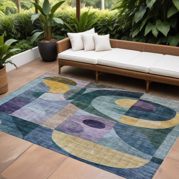 Homeroots 3' Stylish Blue Purple And Copper Abstract Washable Indoor-outdoor Area Rug For All Spaces 9' X 12' Polyester 604430