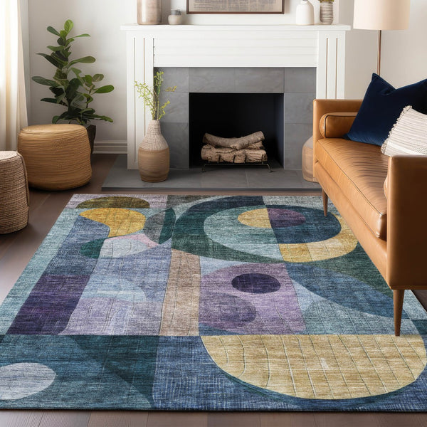 Homeroots 3' Stylish Blue Purple And Copper Abstract Washable Indoor-outdoor Area Rug For All Spaces 9' X 12' Polyester 604430