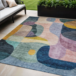 Homeroots 3' Vibrant Green, Purple, And Pink Abstract Washable Area Rug For Indoor And Outdoor Spaces 5' X 8' Polyester 604439