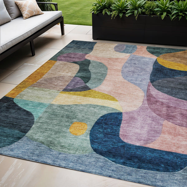 Homeroots 3' Vibrant Green, Purple, And Pink Abstract Washable Area Rug For Indoor And Outdoor Spaces 5' X 8' Polyester 604439
