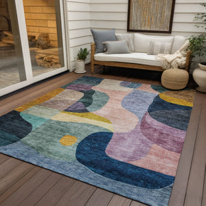 Homeroots 3' Vibrant Green, Purple, And Pink Abstract Washable Area Rug For Indoor And Outdoor Spaces 5' X 8' Polyester 604439