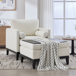 English Elm 35.4" Wide Farmhouse Accent Arm Chair & Ottoman Set In Ivory Boucle - Chic Comfort For Any Space W3118S00002