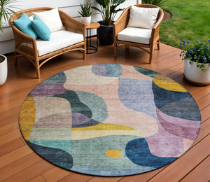 Homeroots 3' Vibrant Green, Purple, And Pink Abstract Washable Area Rug For Indoor And Outdoor Spaces 8' Round Polyester 604440