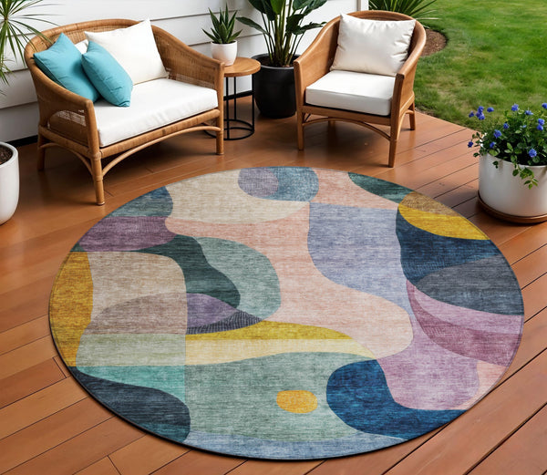 Homeroots 3' Vibrant Green, Purple, And Pink Abstract Washable Area Rug For Indoor And Outdoor Spaces 8' Round Polyester 604440