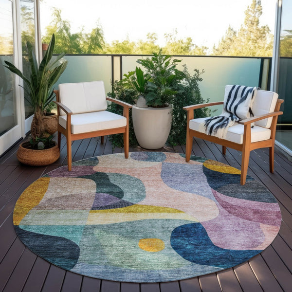 Homeroots 3' Vibrant Green, Purple, And Pink Abstract Washable Area Rug For Indoor And Outdoor Spaces 8' Round Polyester 604440