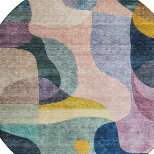 Homeroots 3' Vibrant Green, Purple, And Pink Abstract Washable Area Rug For Indoor And Outdoor Spaces 8' Round Polyester 604440