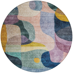 Homeroots 3' Vibrant Green, Purple, And Pink Abstract Washable Area Rug For Indoor And Outdoor Spaces 8' Round Polyester 604440