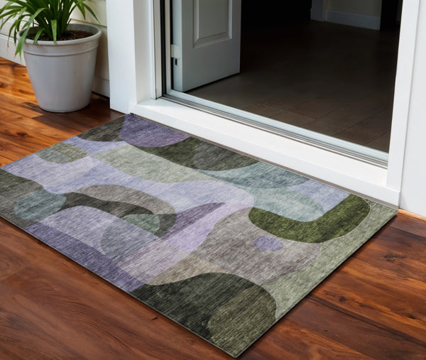 Homeroots 3' Vibrant Green, Purple, And Pink Abstract Washable Area Rug For Indoor And Outdoor Spaces 3' X 5' Polyester 604444