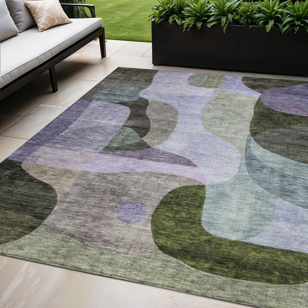 Homeroots 3' Vibrant Green, Purple, And Pink Abstract Washable Area Rug For Indoor And Outdoor Spaces 5' X 8' Polyester 604445