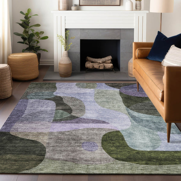 Homeroots 3' Vibrant Green, Purple, And Pink Abstract Washable Area Rug For Indoor And Outdoor Spaces 5' X 8' Polyester 604445