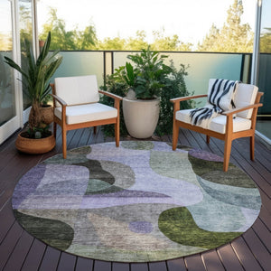 Homeroots 3' Vibrant Green, Purple, And Pink Abstract Washable Area Rug For Indoor And Outdoor Spaces 8' Round Polyester 604446