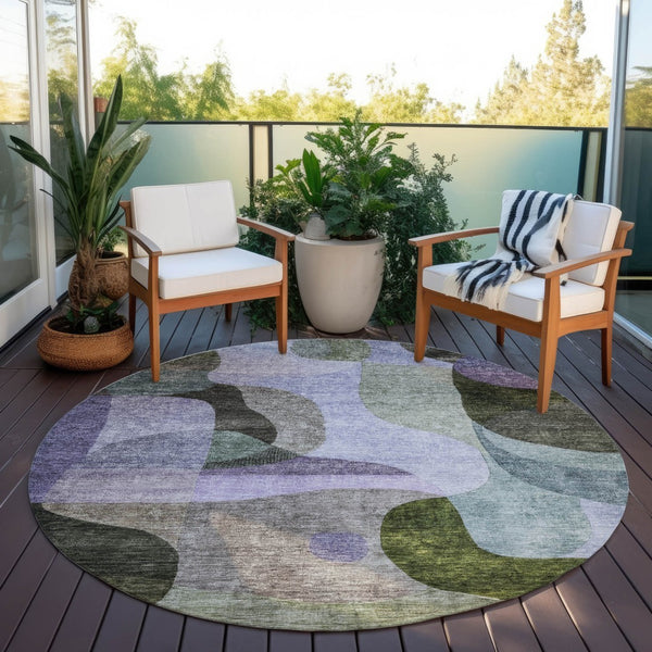Homeroots 3' Vibrant Green, Purple, And Pink Abstract Washable Area Rug For Indoor And Outdoor Spaces 8' Round Polyester 604446
