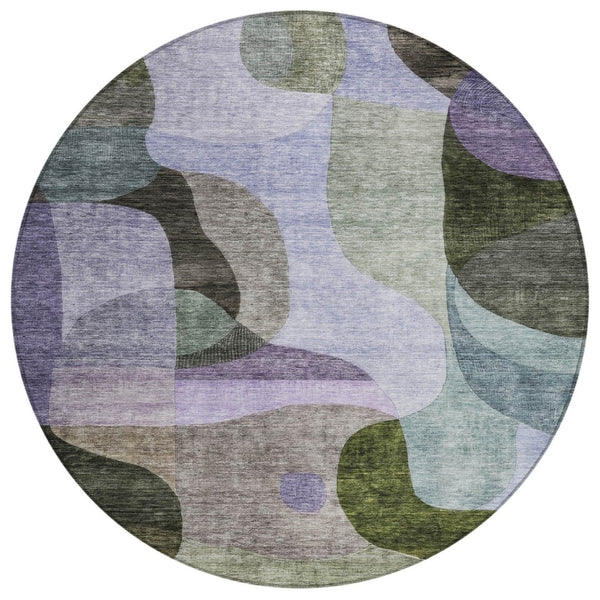 HomeRoots 5' Modern Abstract Area Rug in Olive Green, Purple & Charcoal – Durable, Washable Indoor/Outdoor Style 8' Round 604446