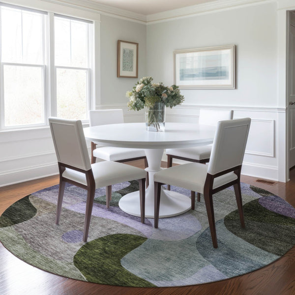 Homeroots 3' Vibrant Green, Purple, And Pink Abstract Washable Area Rug For Indoor And Outdoor Spaces 8' Round Polyester 604446