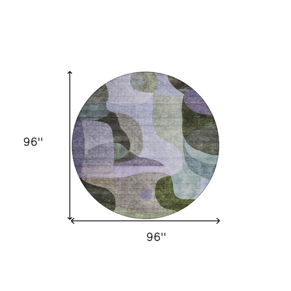 Homeroots 3' Vibrant Green, Purple, And Pink Abstract Washable Area Rug For Indoor And Outdoor Spaces 8' Round Polyester 604446