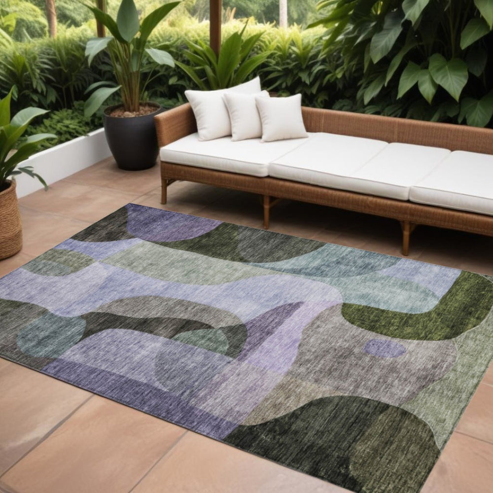 HomeRoots 5' Modern Abstract Area Rug in Olive Green, Purple & Charcoal – Durable, Washable Indoor/Outdoor Style 8' X 10' 604447