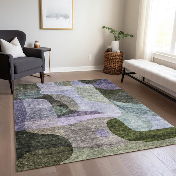 Homeroots 3' Vibrant Green, Purple, And Pink Abstract Washable Area Rug For Indoor And Outdoor Spaces 9' X 12' Polyester 604448