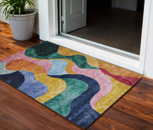 Homeroots 3' Abstract Washable Indoor Outdoor Area Rug In Green, Orange, And Pink – Stylish & Durable Decor 3' X 5' Polyester 604450