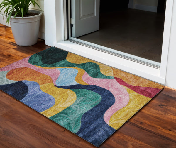 Homeroots 3' Abstract Washable Indoor Outdoor Area Rug In Green, Orange, And Pink – Stylish & Durable Decor 3' X 5' Polyester 604450