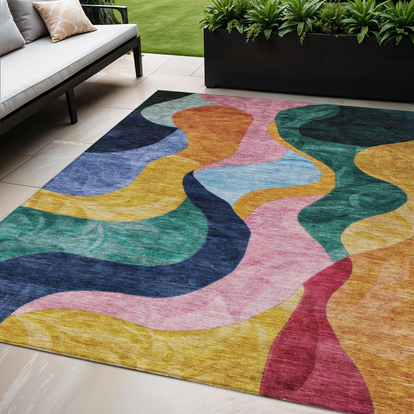 Homeroots 3' Abstract Washable Indoor Outdoor Area Rug In Green, Orange, And Pink – Stylish & Durable Decor 5' X 8' Polyester 604451