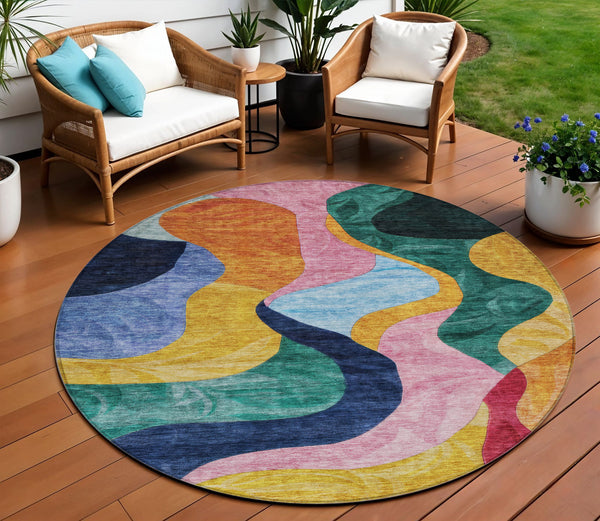 Homeroots 3' Abstract Washable Indoor Outdoor Area Rug In Green, Orange, And Pink – Stylish & Durable Decor 8' Round Polyester 604452