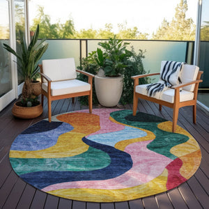 Homeroots 3' Abstract Washable Indoor Outdoor Area Rug In Green, Orange, And Pink – Stylish & Durable Decor 8' Round Polyester 604452