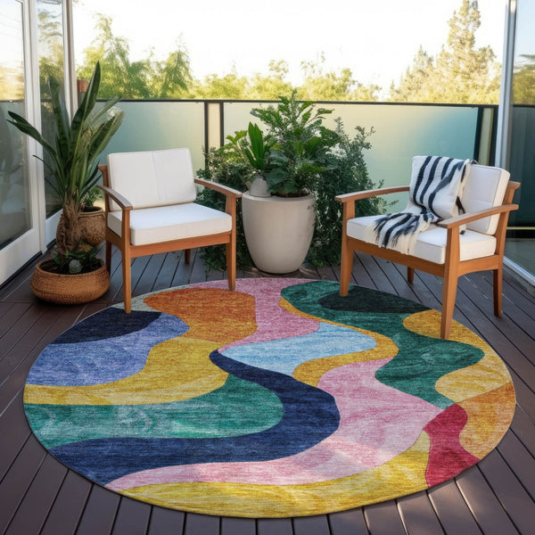 Homeroots 3' Abstract Washable Indoor Outdoor Area Rug In Green, Orange, And Pink – Stylish & Durable Decor 8' Round Polyester 604452