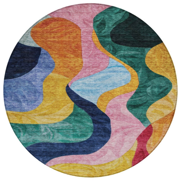 HomeRoots 5' Vibrant Abstract Washable Indoor Outdoor Area Rug in Green, Orange & Pink – Easy Care & Durable 8' Round 604452