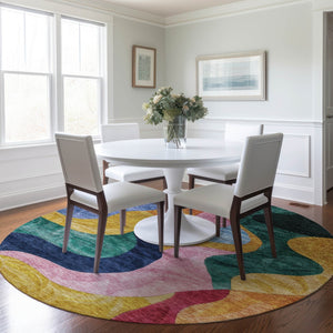 Homeroots 3' Abstract Washable Indoor Outdoor Area Rug In Green, Orange, And Pink – Stylish & Durable Decor 8' Round Polyester 604452