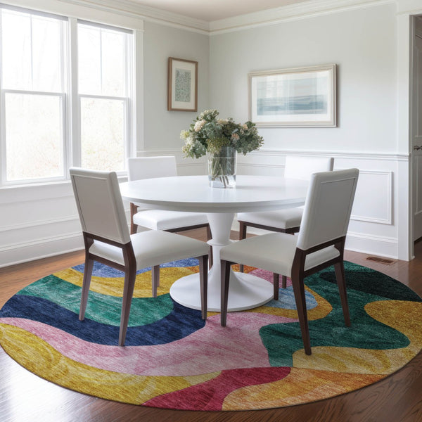 Homeroots 3' Abstract Washable Indoor Outdoor Area Rug In Green, Orange, And Pink – Stylish & Durable Decor 8' Round Polyester 604452